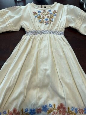 Cream Embroidered Floral Smocked Waist Dress.  Lali.  Size 6.
